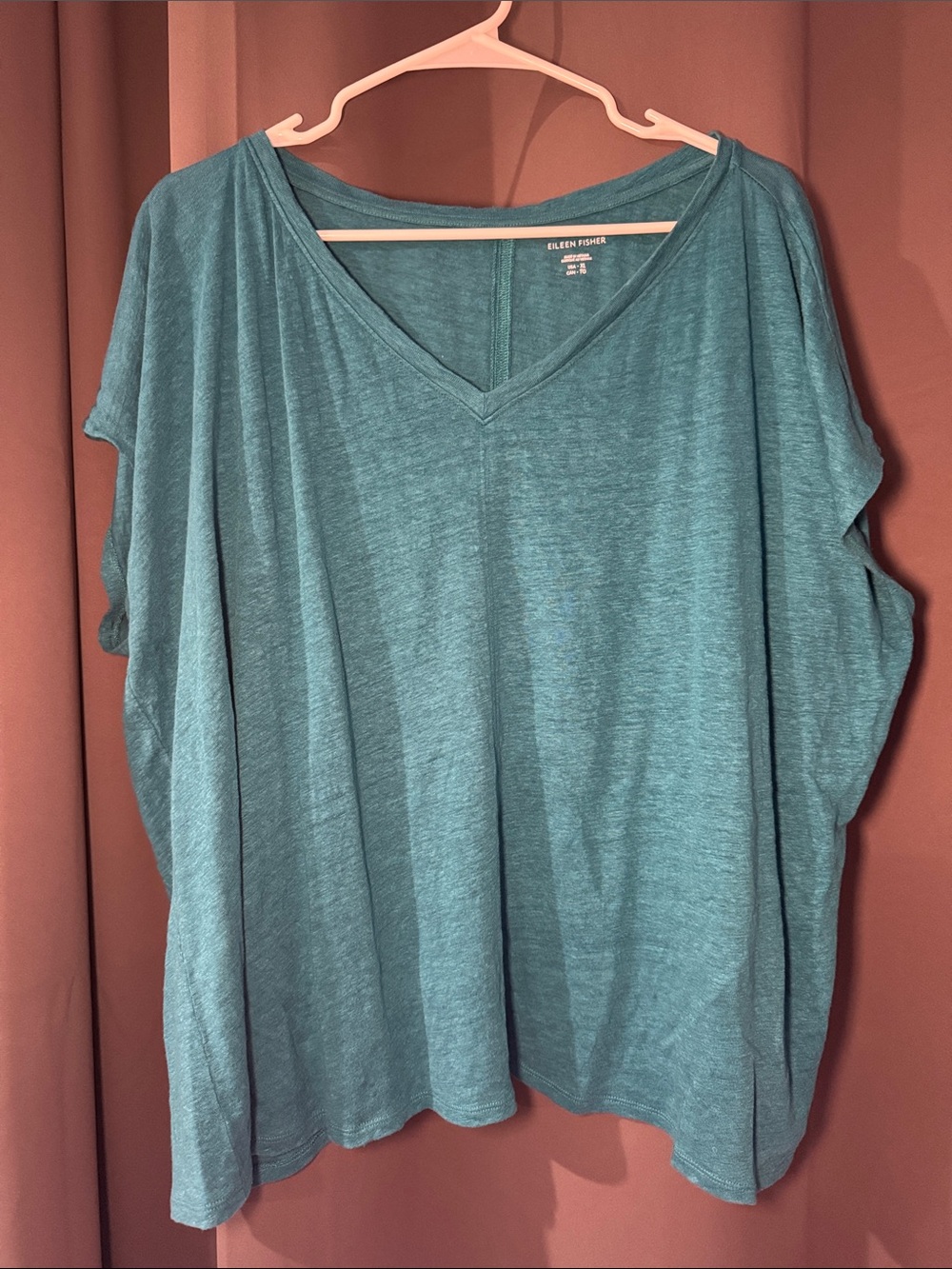 Eileen Fisher Teal V-Neck Relaxed Short Sleeve Tee Top 100% Organic Linen